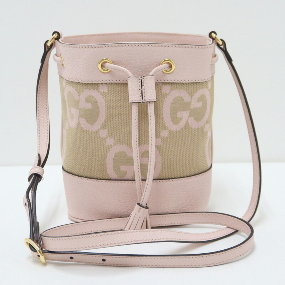 GUCCI Jumbo GG Bucket Shoulder Bag Beige Pink Canvas Leather